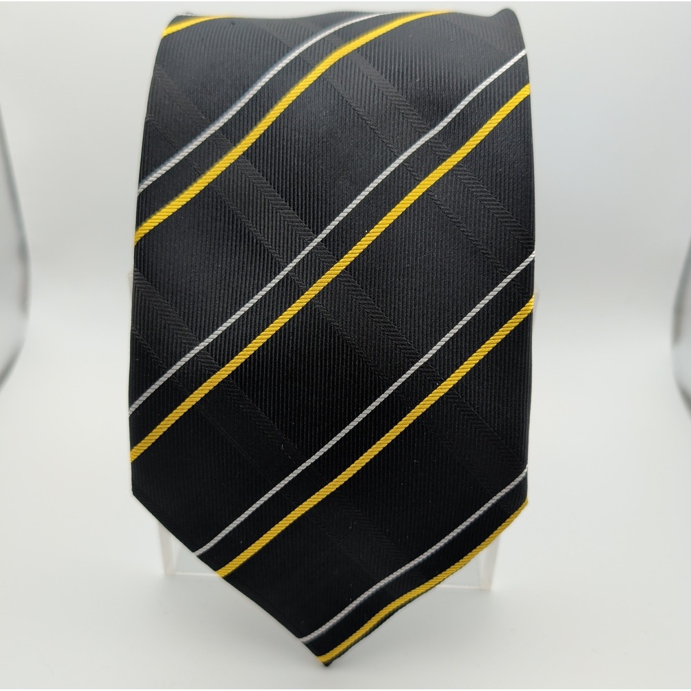 Burberry of London Silk Tie Black Yellow Silver Diagonal Stripe Made in Italy